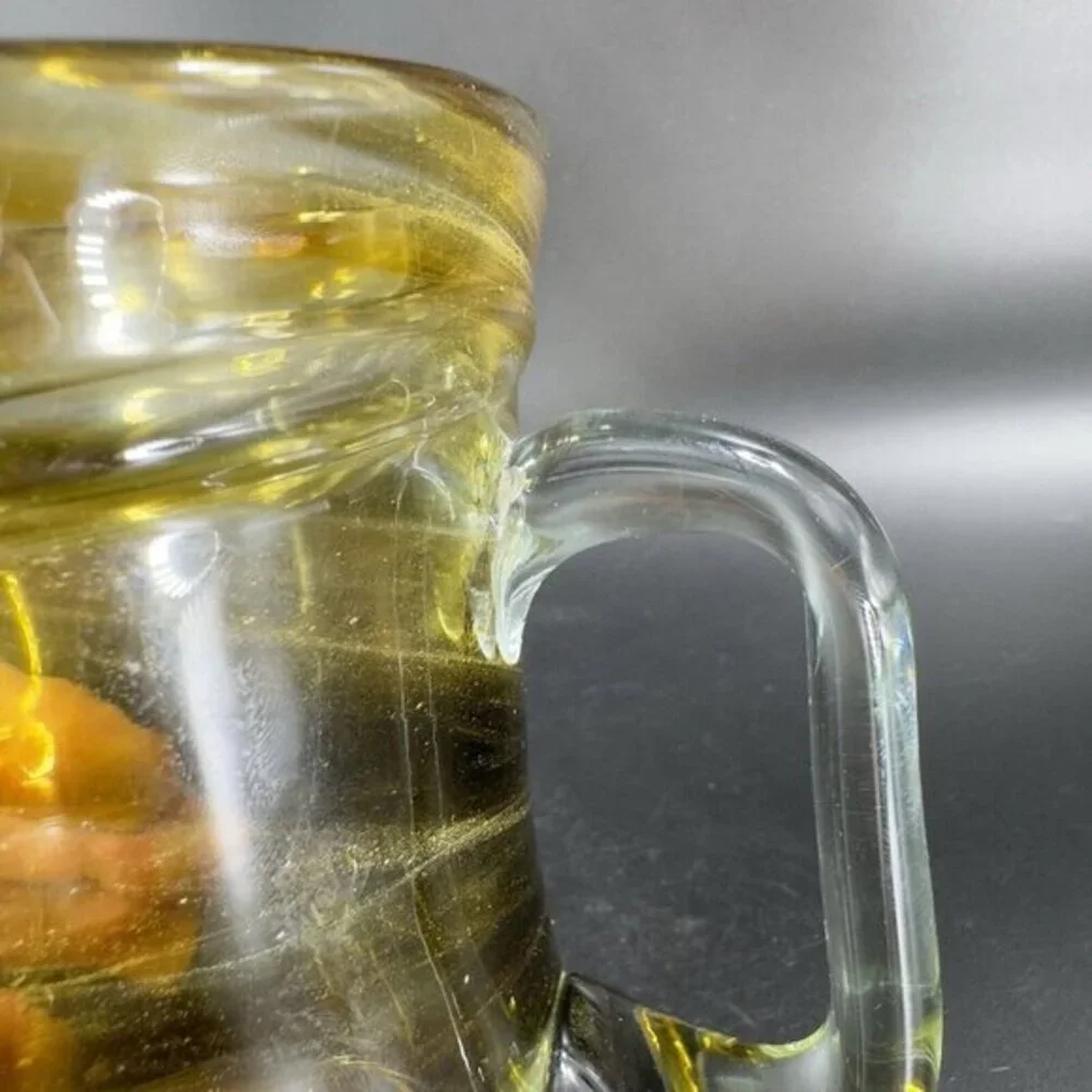 Art Glass Mug‎ Cup With Applied Clear Handle Green Black Swirls Lines Hand Made